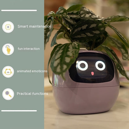 Smart Planter with leaves, showcasing smart maintenance and animated emoticons for plant interaction.