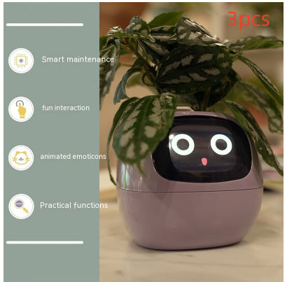 Smart Planter with cute animated face, showcasing smart maintenance and practical functions for plant care.