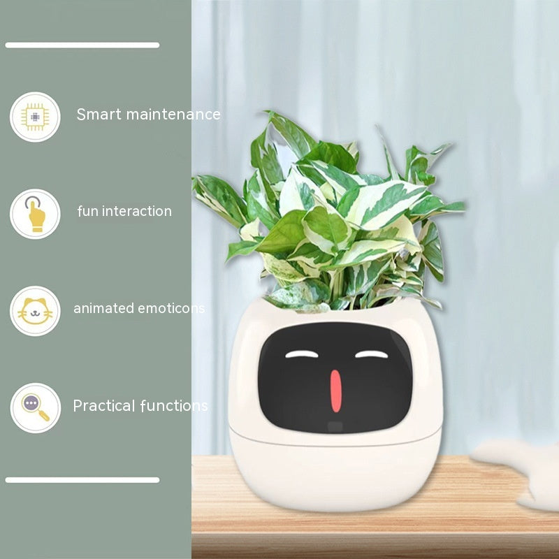 Smart Planter featuring smart maintenance, fun interaction, and practical functions with animated emoticons.