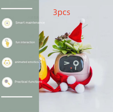 Smart Planter trio with holiday decorations, featuring animated emoticons and smart maintenance functions.